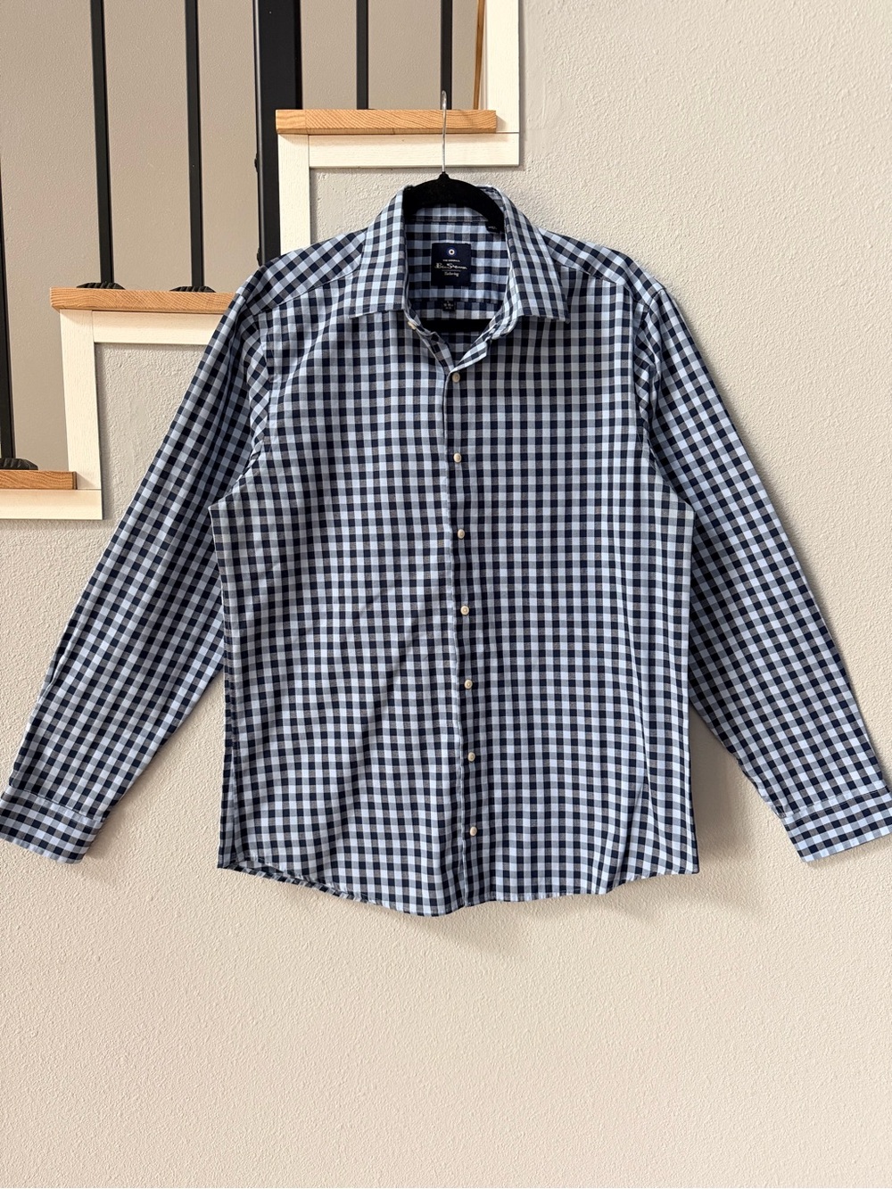 Ben Sherman Tailoring Men's Blue Gingham Button Up Shirt Large 16-16.5 34-35